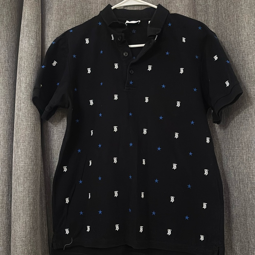 Men's Black Polo Shirt with Blue and White Accents